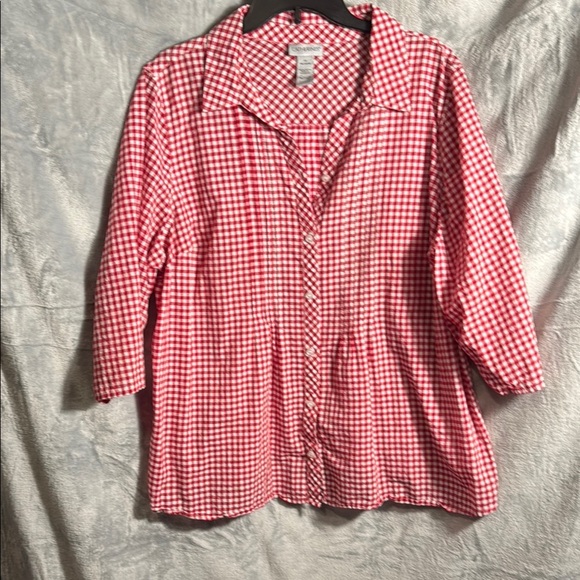 Catherines blouse top 1X plus size Red White 3/4 Sleeve Button Down Shirt 16 18 - Picture 1 of 13